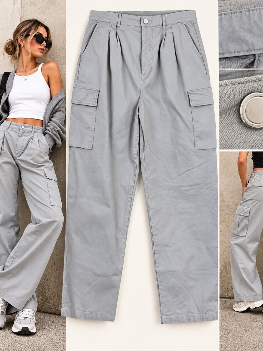 Gray Cargo Pants Size 12 Tall Wide Leg Utility Y2K Streetwear